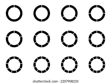 Diagramas de gráficos circulares. Conjunto de círculos de color diferentes aislados. Forma redonda de elemento infográfico. Conjunto de segmentos de círculo. Varios sectores dividen el círculo en partes iguales. Conjunto de gráfico circular