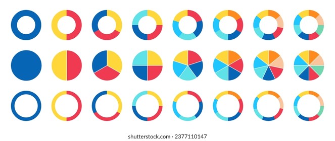 Diagramas de gráficos circulares. Conjunto de círculos de color diferentes aislados. Forma redonda de elemento infográfico. Colección de diagramas coloridos con 1, 2, 3, 4, 5, 6, 7, 8 secciones o pasos. Ilustración del vector