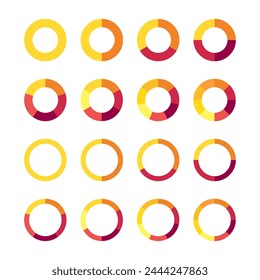 Pie charts diagrams. Set of different color circles isolated. Infographic element round shape. Collection of colorful diagrams with 1, 2, 3, 4, 5, 6, 7, 8 sections or steps. Vector illustration