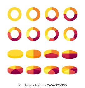 Pie charts diagrams. Set of different color circles isolated. Infographic element round shape. Collection of colorful diagrams with 1, 2, 3, 4, 5, 6, 7, 8 sections or steps. Vector illustration