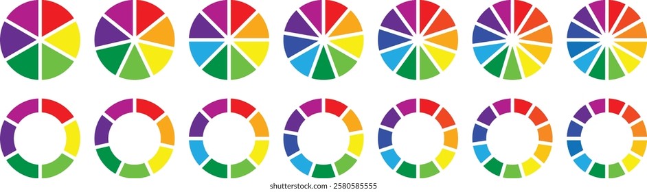 Pie charts diagrams. Set of different color circles isolated. Infographic element round shape. Circle pie chart diagram. 2,3,4,5,6,7, 8, 9, 10, 11, 12 sections or steps. Colorful Pie chart set. Vector