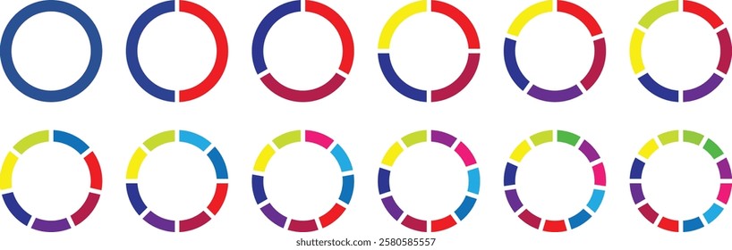 Pie charts diagrams. Set of different color circles isolated. Infographic element round shape. Pie chart divided 3, 4, 5, 6, 7, 8, 9, 10, 11, 12 equal parts. Circle section graph. Vector illustration.