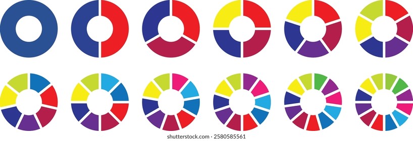 Pie charts diagrams. Set of different color circles isolated. Infographic element round shape. Circle section graph. Pie chart divided 3, 4, 5, 6, 7, 8, 9, 10, 11, 12 equal parts. Vector illustration.
