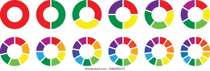 Pie charts diagrams. Set of different color circles isolated. Infographic element round shape. 2,3,4,5,6,7,8,9,10,11,12 sections or steps. Colorful Pie chart set. Pie chart circle. Vector illustration