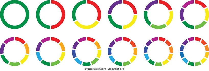 Pie charts diagrams. Set of different color circles isolated. Infographic element round shape. Circle pie chart diagram. Colorful Pie chart set. 2,3,4,5,6,7, 8, 9, 10, 11, 12 sections or steps. Vector