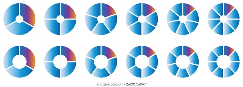 Pie charts diagrams.  Set of different color circles isolated. Infographic element round shape.