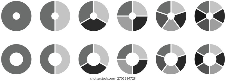 Pie charts diagrams. Set of different color circles isolated. Infographic element round shape. Collection of colorful diagrams with 1, 2, 3, 4, 5, 6, 7, 8 sections or steps. Vector illustration
