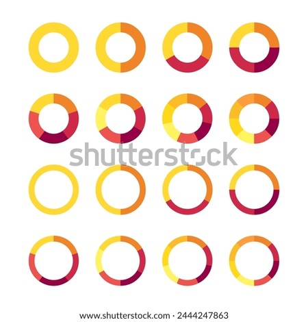 Pie charts diagrams. Set of different color circles isolated. Infographic element round shape. Collection of colorful diagrams with 1, 2, 3, 4, 5, 6, 7, 8 sections or steps. Vector illustration