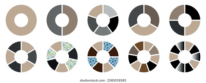 Pie charts, Different color circles. Loading indicator download process, Percentage pie chart for infographics. 10 set pie chart percentage graph design,