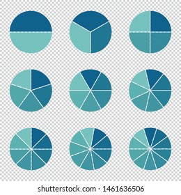 Pie Charts - 
Different Subdivisions - Vector Illustration - Isolated On Transparent Background