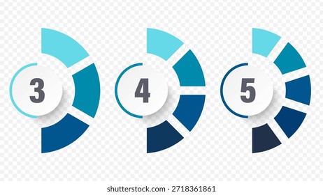 Gráficos circulares divididos en 3,4 y 5 partes iguales aisladas sobre fondo transparente. Gráficos circulares para visualización de datos.