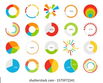 Pie charts. Graphic segmentation information circles, percentage statistic market, circular diagram for financial ui infographic vector charting slices graph set