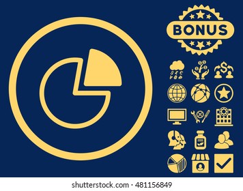 Pie Charts icon with bonus. Vector illustration style is flat iconic symbols, yellow color, blue background.