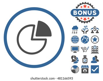 Pie Charts icon with bonus. Vector illustration style is flat iconic bicolor symbols, cobalt and gray colors, white background.