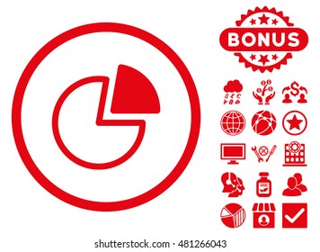 Pie Charts icon with bonus. Vector illustration style is flat iconic symbols, red color, white background.