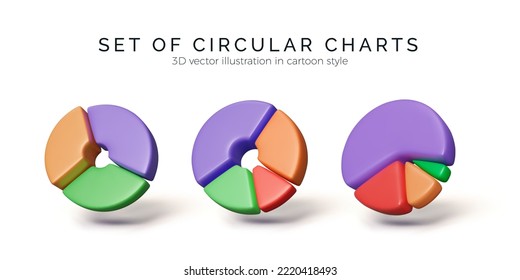 Pie charts icons. Set of 3D circular graphs. Render round diagram for infographics and statistics visualization. Vector illustration