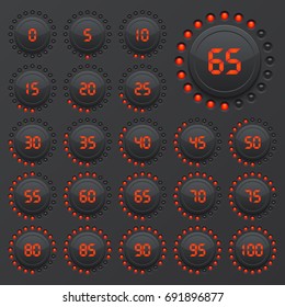 Pie charts for infographics.Set of circle percentage diagrams for web design, 0 5 10 15 20 25 30 35 40 45 50 55 60 65 70 75 80 85 90 95 100 percent.Progress bar for business infographics