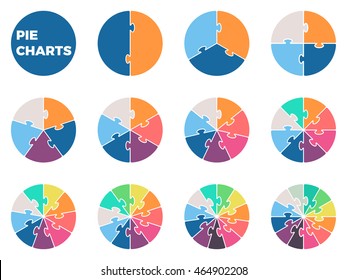 Pie charts for infographics. Diagram with 1, 2, 3, 4, 5, 6, 7, 8, 9, 10, 11, 12 steps or options.