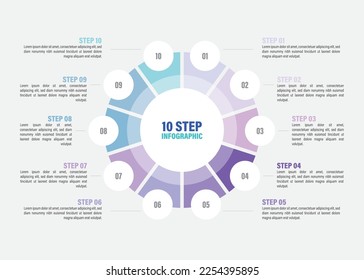 Pie charts for infographics. Elements with 1, 2, 3, 4, 5, 6, 7, 8, 9, 10 steps, options.