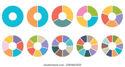 Pie charts for infographics. Elements with 1, 2, 3, 4, 5, 6, 7, 8, 9, 10, steps, options. Vector illustration.