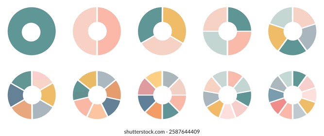 Pie charts for infographics. Elements with 1, 2, 3, 4, 5, 6, 7, 8, 9, 10, steps, options. Vector illustration