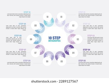  Pie charts for infographics. Elements with 10, 8, 6, 4, 2 steps, options. circle infographic with steps used for design and ppt