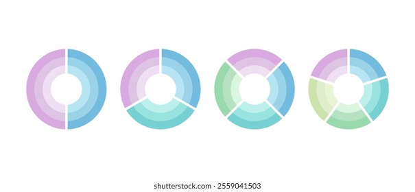 Pie charts for infographics. Elements with 2, 3, 4, 5 steps or options.