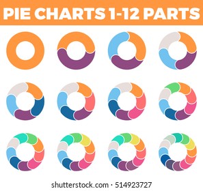 Pie charts for infographics. Infographic elements with 1, 2, 3, 4, 5, 6, 7, 8, 9, 10, 11, 12 steps, options.