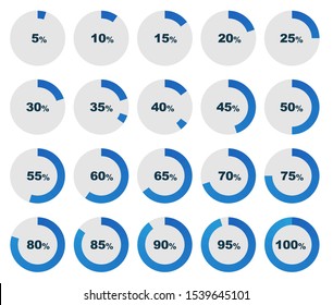 Pie charts, progress bar. Set of circle percentage diagrams for infographics, loader from 5 to 100 percent. Vector illustration