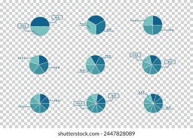 Pie Charts Set In 
Different Subdivisions - Vector Illustration - Isolated On Transparent Background