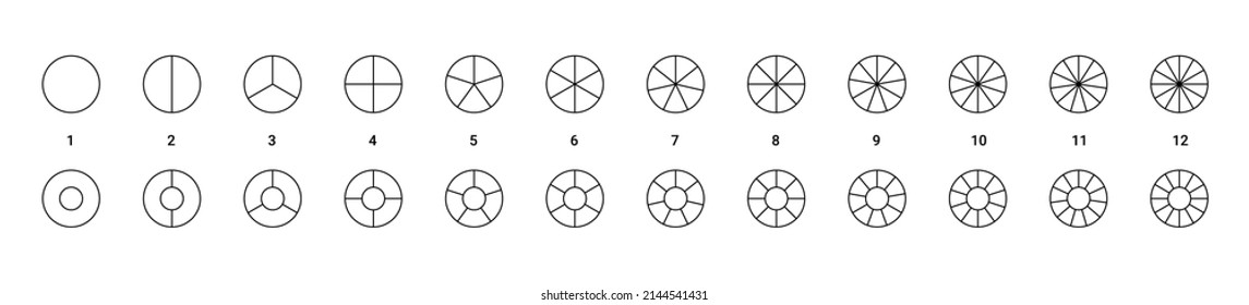 Pie charts set. Segment slice icons. Round wheel diagram with equal segments. Vector illustration with circular infographic isolated on white background.
