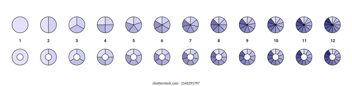 Pie charts set. Segment slice icons. Round wheel diagram with equal segments. Vector illustration with circular infographic isolated on white background.