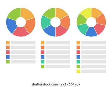 Conjunto de Plantilla de gráficos circulares aislado sobre fondo blanco. Diagrama dividido en 5, 6 y 7 partes.