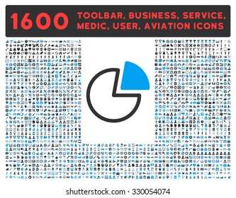 Pie Charts vector icon and 1600 other business, service tools, medical care, software toolbar, web interface pictograms. Style is bicolor flat symbols, blue and gray colors, rounded angles, white