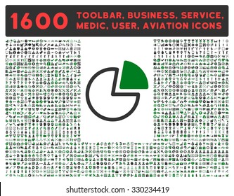 Pie Charts vector icon and 1600 other business, service tools, medical care, software toolbar, web interface pictograms. Style is bicolor flat symbols, green and gray colors, rounded angles, white