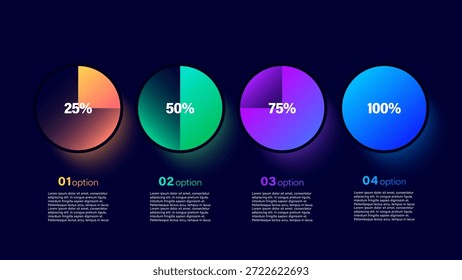 Pie charts vector infographic template for data visualization. Colorful neon circular infographic elements isolated on dark blue background.