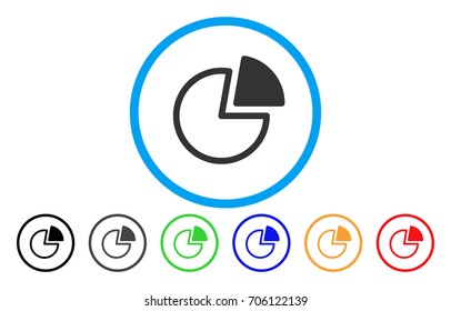 Pie Charts vector rounded icon. Image style is a flat gray icon symbol inside a blue circle. Additional color versions are grey, black, blue, green, red, orange.