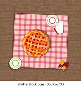 pie and checkered fabric on wooden background vector illustration