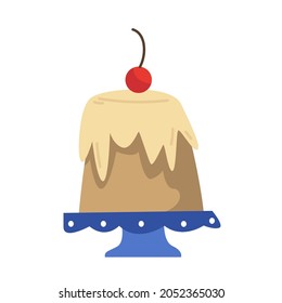 Pie with cherries and cream on a blue stand in cartoon children s flat style. Vector illustration of Christmas baking