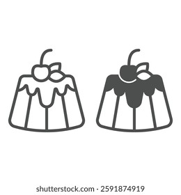 Pie with cherry and chocolate glaze line and solid icon, sweets pastry concept. Vector graphics. Sweet bun, bakery sign on white background, outline style icon for mobile or web design