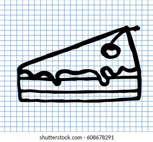 Pie with cherry on copybook background. Free hand drawn. Vector illustration.