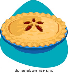 Pie with cherry stuffing, crusty rim and decorated top in blue ceramic pie pan. Isolated on blue background.