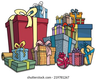 Pie of colorfully wrapped gifts ready for holidays, vector illustration