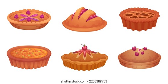 Pie. Cooking delicious bakery products with various natural tasty fruits holiday desert exact vector cakes