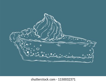 Pie with cream. Pumpkin pie. Hand drawing, sketch on a blue background
