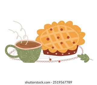 pie and a cup of tea. Berry pie vector illustration

