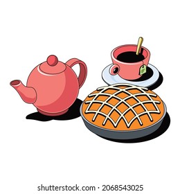 Pie, a cup of tea and a teapot. Vector 3d sketch line isometric style, color icon illustration. Creative design idea and infographics elements.