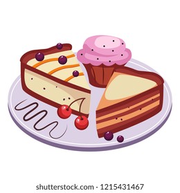 Pie and Cupcake with Cherries Vector Illustration