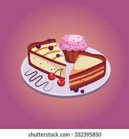 Pie and Cupcake with Cherries Vector Illustration Set