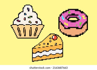 Pie Cupcake and donut pixel style illustration vector set, 8-bit concept, colorful dessert idea, pixel art cakes, isolated on yellow background, flat vector design, animation and video game asset